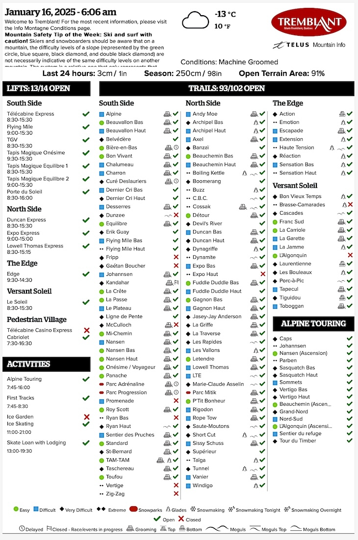 Archival Copy of Official Open<br />Trails, Grooming, Snowmaking, Lift Status and Mountain Conditions Courtesy of Tremblant.ca