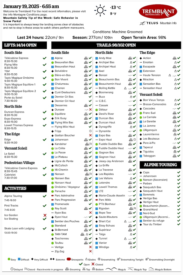 Archival Copy of Official Open<br />Trails, Grooming, Snowmaking, Lift Status and Mountain Conditions Courtesy of Tremblant.ca