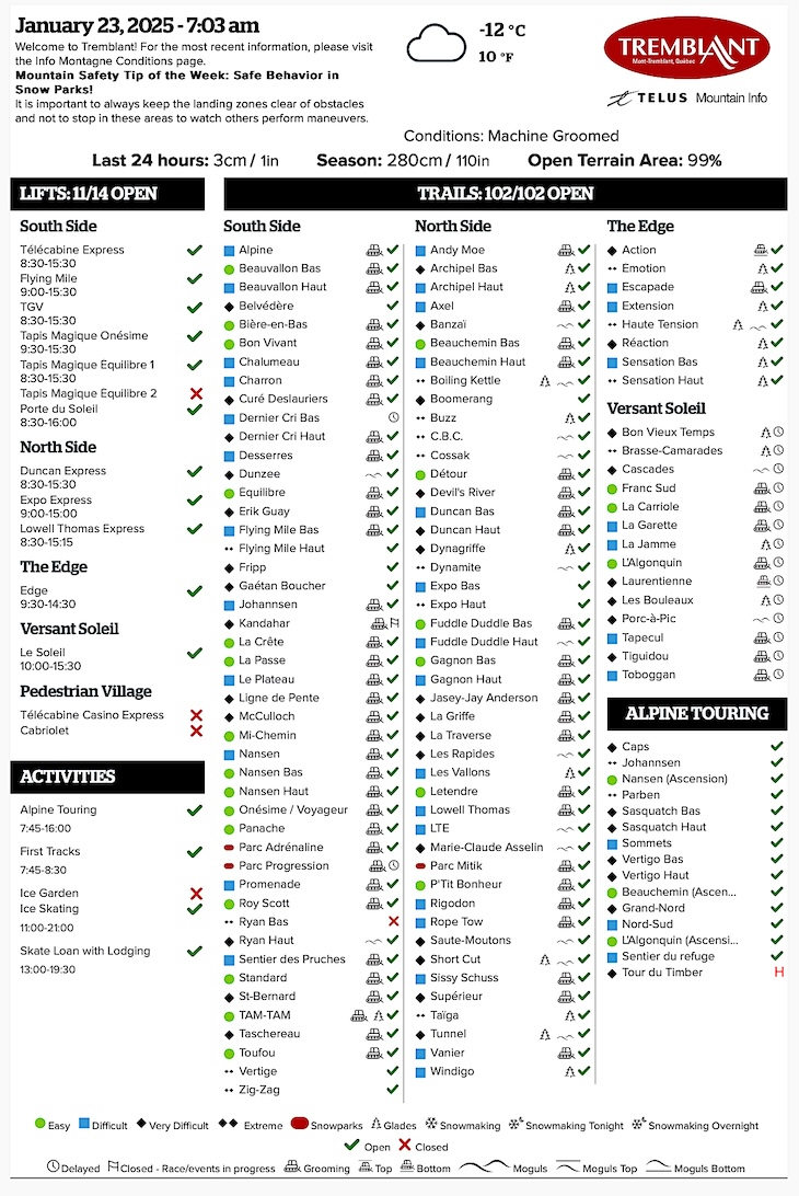 Archival Copy of Official Open<br />Trails, Grooming, Snowmaking, Lift Status and Mountain Conditions Courtesy of Tremblant.ca