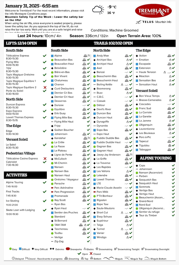 Archival Copy of Official Open<br />Trails, Grooming, Snowmaking, Lift Status and Mountain Conditions Courtesy of Tremblant.ca