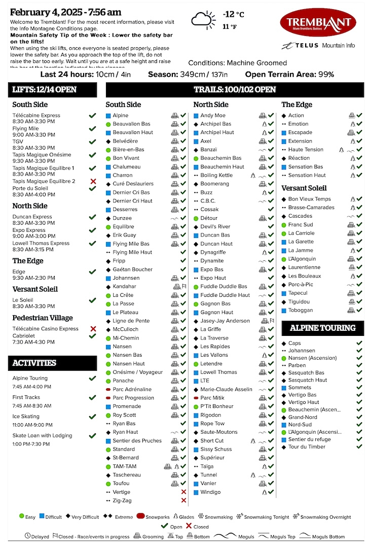 Archival Copy of Official Open<br />Trails, Grooming, Snowmaking, Lift Status and Mountain Conditions Courtesy of Tremblant.ca
