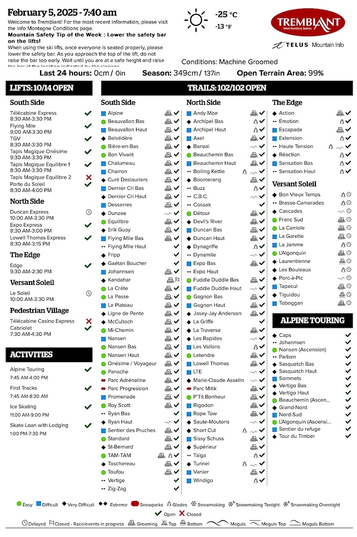 Archival Copy of Official Open<br />Trails, Grooming, Snowmaking, Lift Status and Mountain Conditions Courtesy of Tremblant.ca