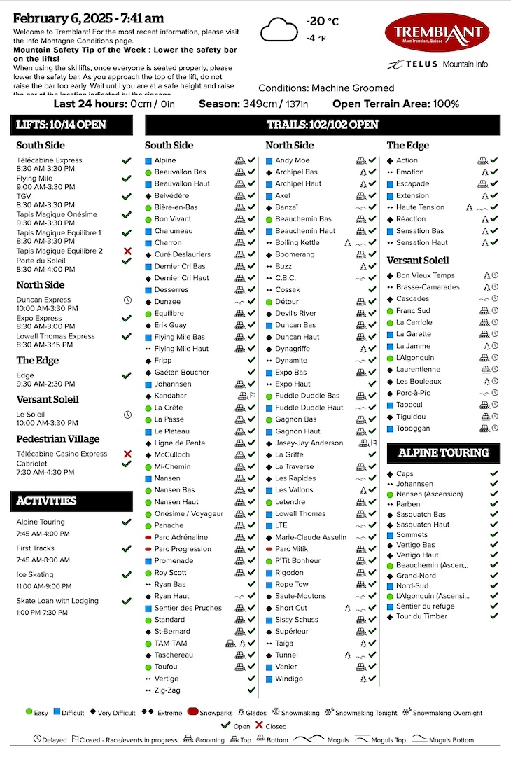 Archival Copy of Official Open<br />Trails, Grooming, Snowmaking, Lift Status and Mountain Conditions Courtesy of Tremblant.ca