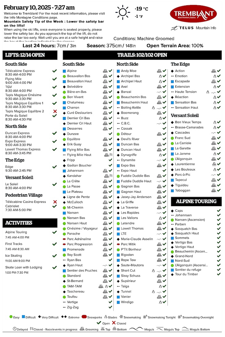 Archival Copy of Official Open<br />Trails, Grooming, Snowmaking, Lift Status and Mountain Conditions Courtesy of Tremblant.ca
