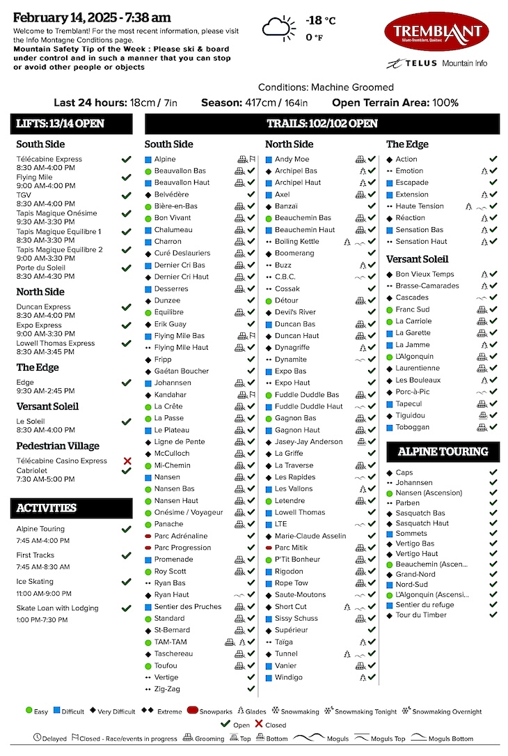 Archival Copy of Official Open<br />Trails, Grooming, Snowmaking, Lift Status and Mountain Conditions Courtesy of Tremblant.ca