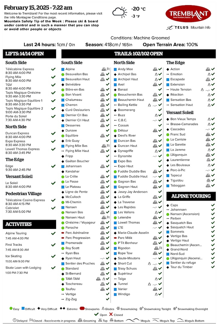 Archival Copy of Official Open<br />Trails, Grooming, Snowmaking, Lift Status and Mountain Conditions Courtesy of Tremblant.ca