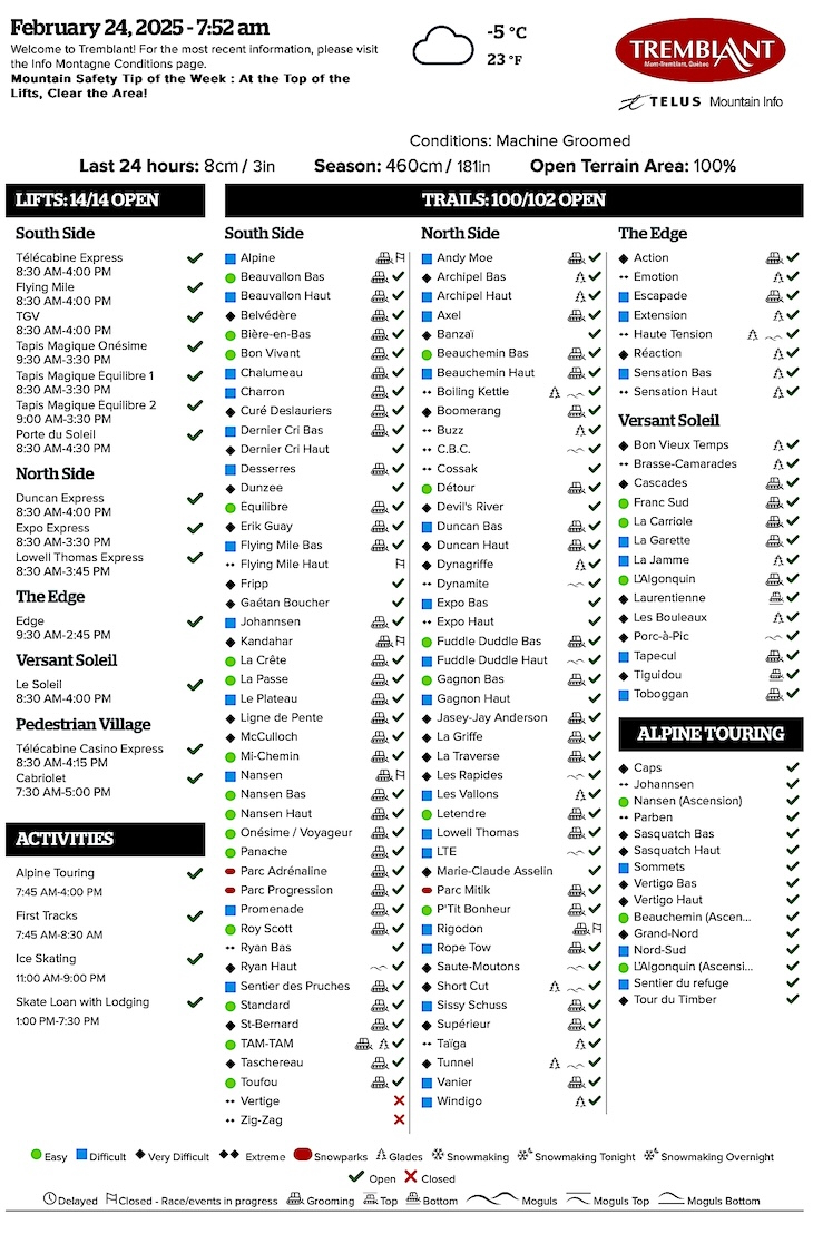 Archival Copy of Official Open<br />Trails, Grooming, Snowmaking, Lift Status and Mountain Conditions Courtesy of Tremblant.ca