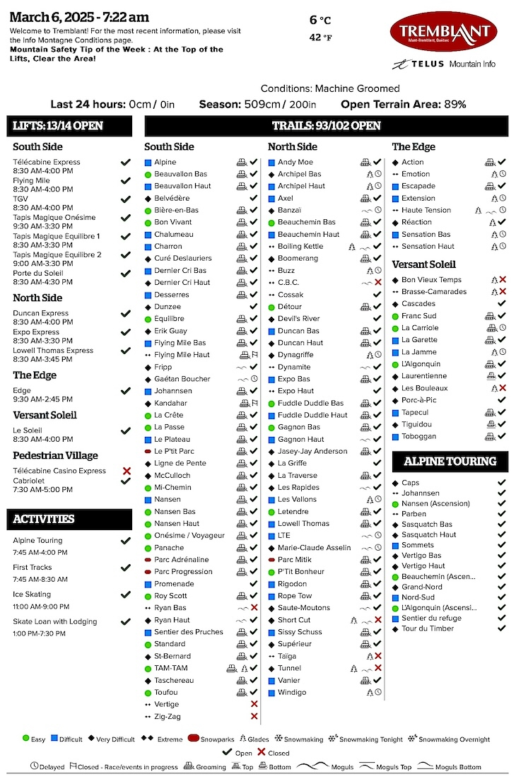 Archival Copy of Official Open<br />Trails, Grooming, Snowmaking, Lift Status and Mountain Conditions Courtesy of Tremblant.ca