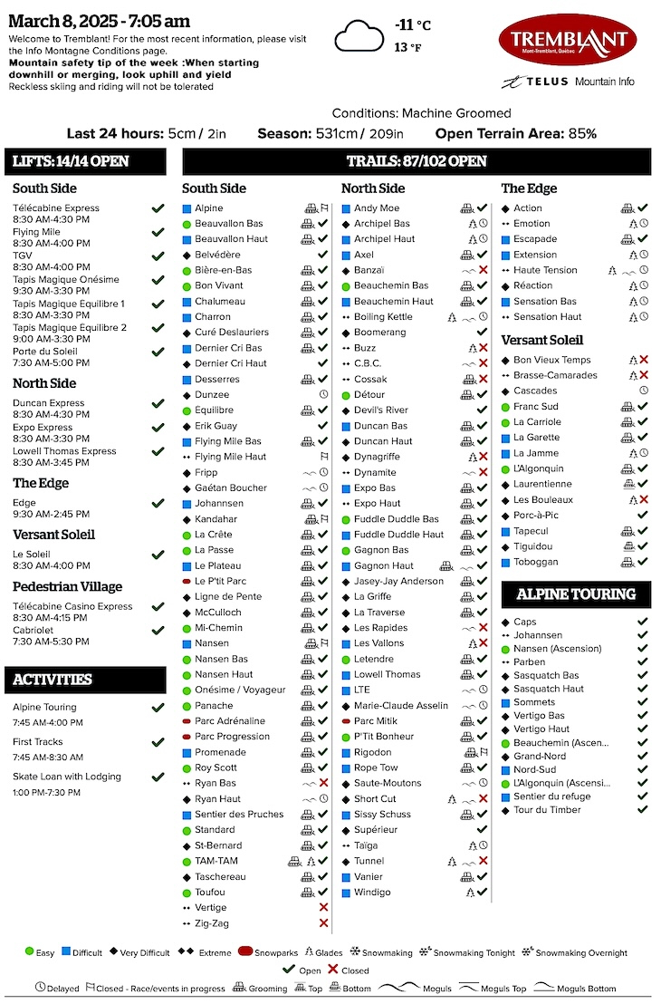 Archival Copy of Official Open<br />Trails, Grooming, Snowmaking, Lift Status and Mountain Conditions Courtesy of Tremblant.ca