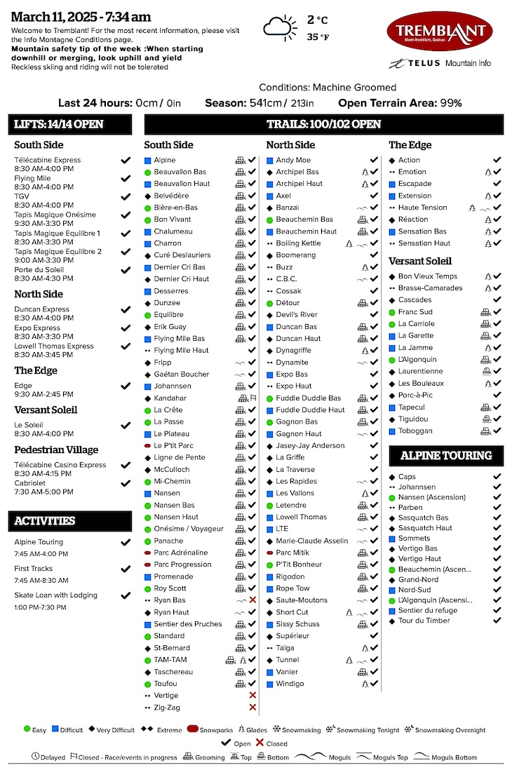 Archival Copy of Official Open<br />Trails, Grooming, Snowmaking, Lift Status and Mountain Conditions Courtesy of Tremblant.ca