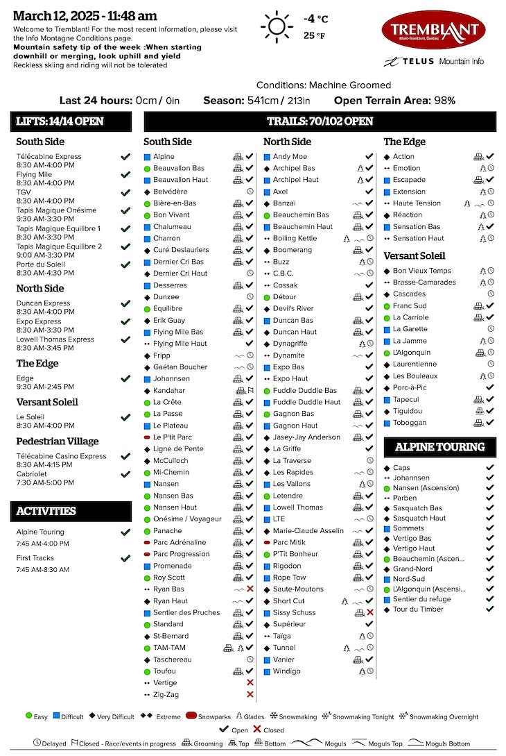 Archival Copy of Official Open<br />Trails, Grooming, Snowmaking, Lift Status and Mountain Conditions Courtesy of Tremblant.ca