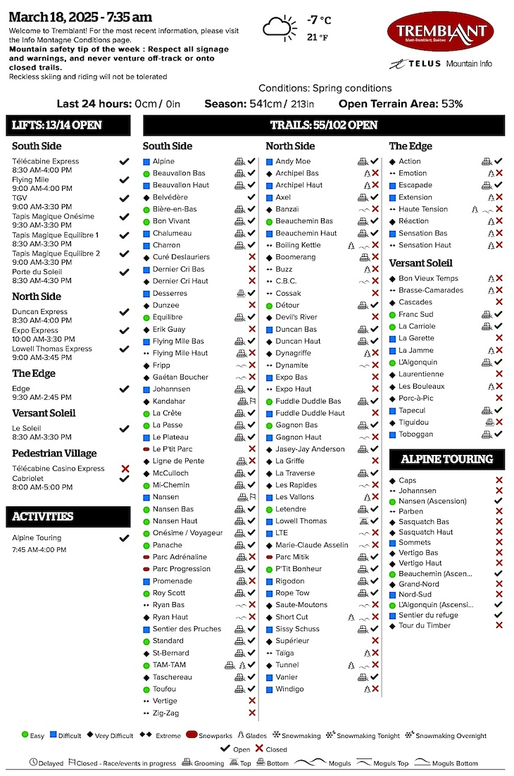 Archival Copy of Official Open<br />Trails, Grooming, Snowmaking, Lift Status and Mountain Conditions Courtesy of Tremblant.ca