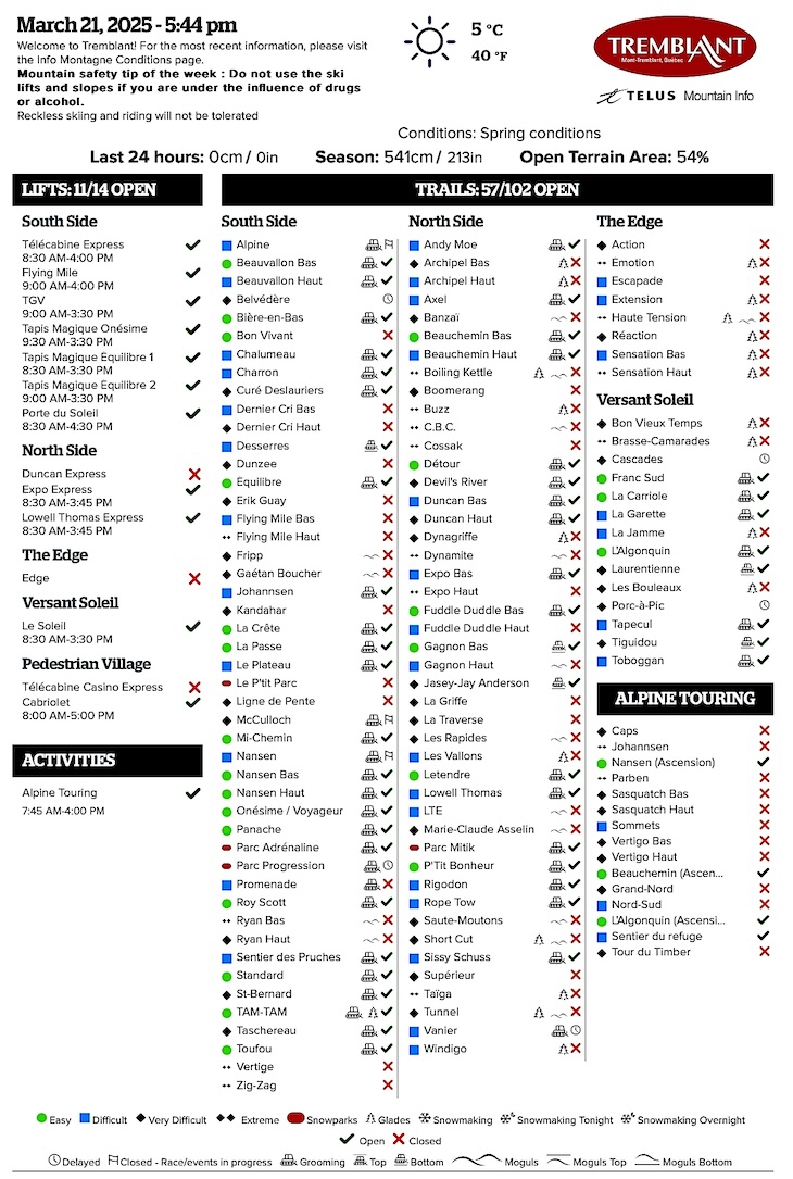 Archival Copy of Official Open<br />Trails, Grooming, Snowmaking, Lift Status and Mountain Conditions Courtesy of Tremblant.ca