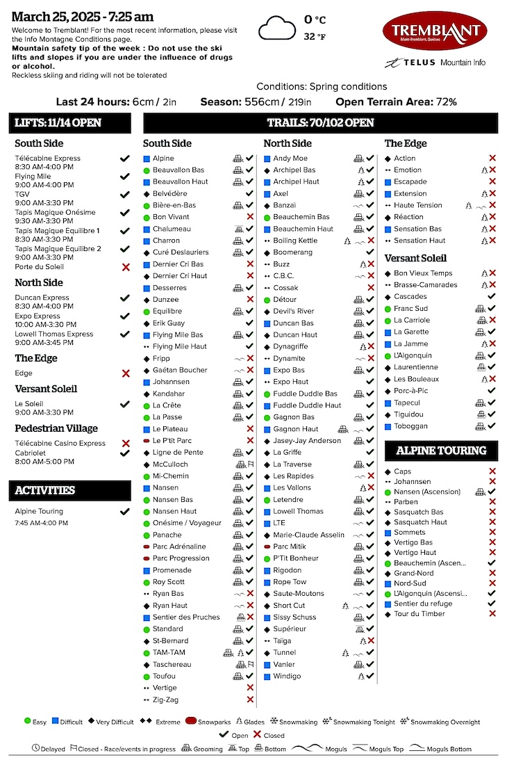 Archival Copy of Official Open<br />Trails, Grooming, Snowmaking, Lift Status and Mountain Conditions Courtesy of Tremblant.ca