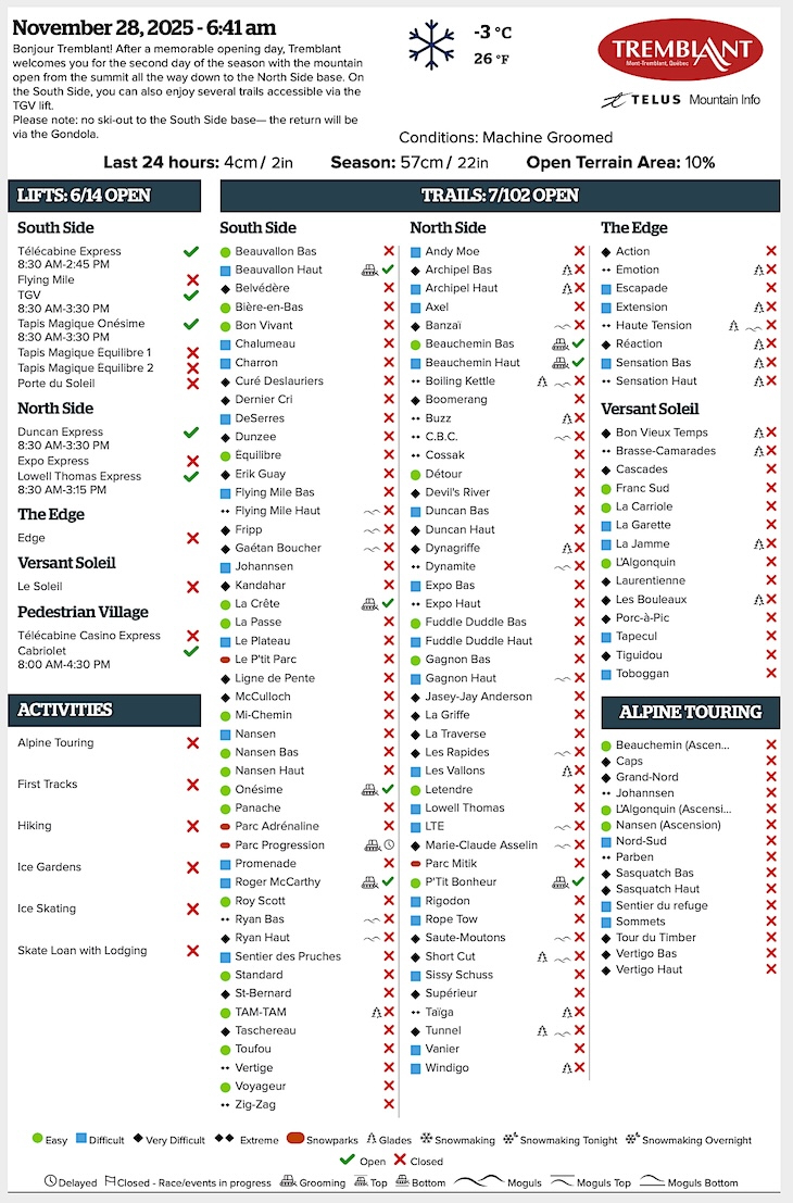 Archival Copy of Official Open<br />Trails, Grooming, Snowmaking, Lift Status and Mountain Conditions Courtesy of Tremblant.ca