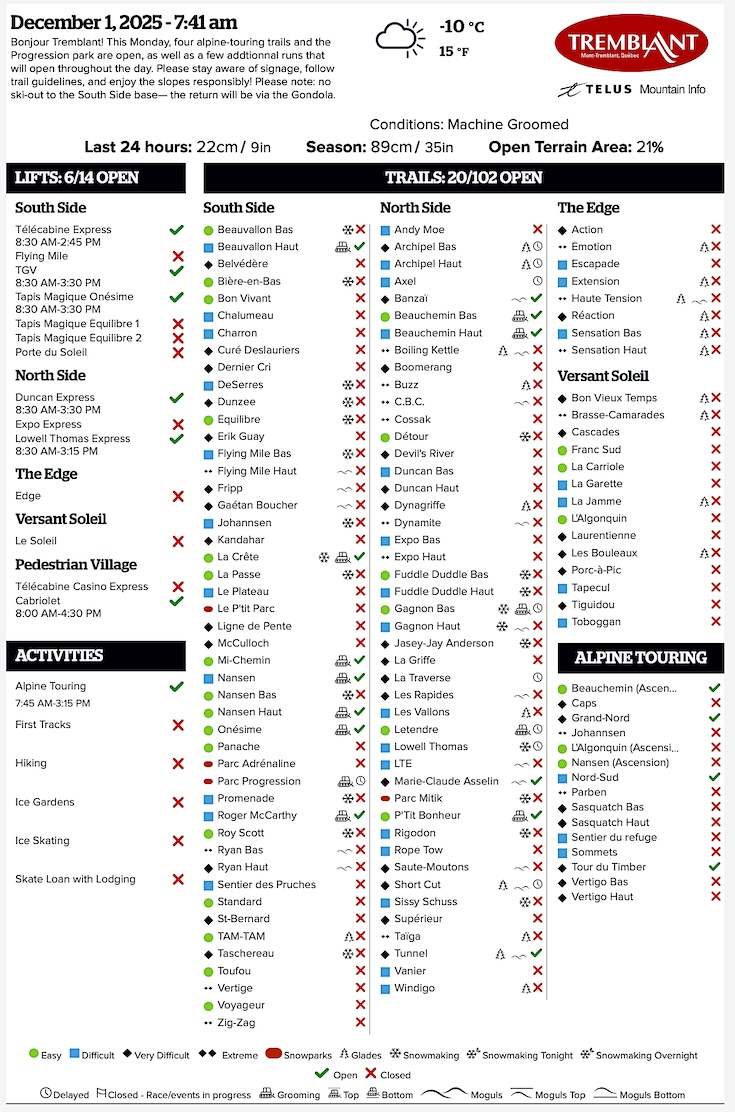 Archival Copy of Official Open<br />Trails, Grooming, Snowmaking, Lift Status and Mountain Conditions Courtesy of Tremblant.ca