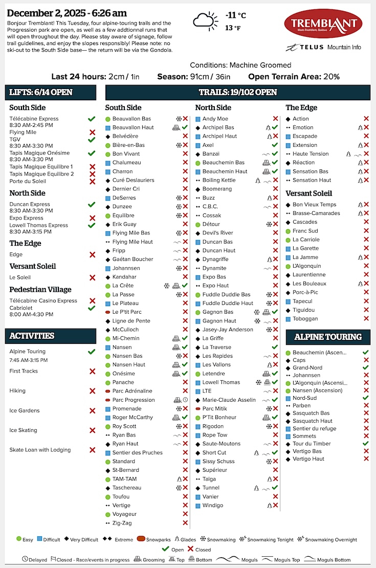 Archival Copy of Official Open<br />Trails, Grooming, Snowmaking, Lift Status and Mountain Conditions Courtesy of Tremblant.ca