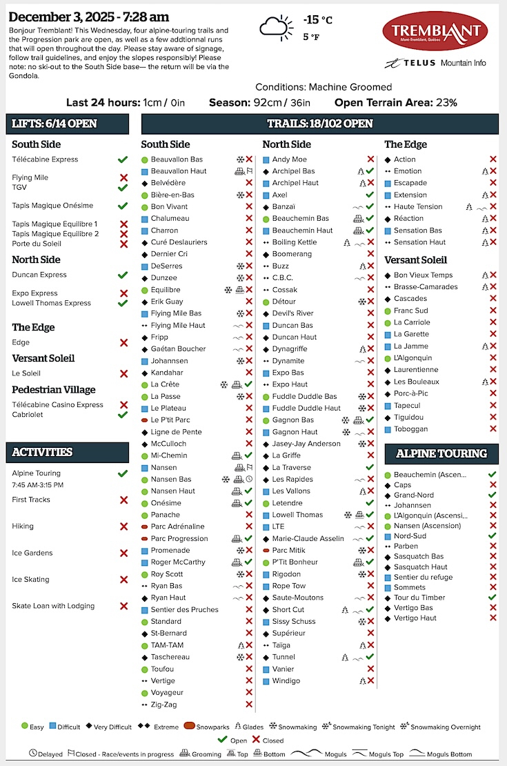 Archival Copy of Official Open<br />Trails, Grooming, Snowmaking, Lift Status and Mountain Conditions Courtesy of Tremblant.ca
