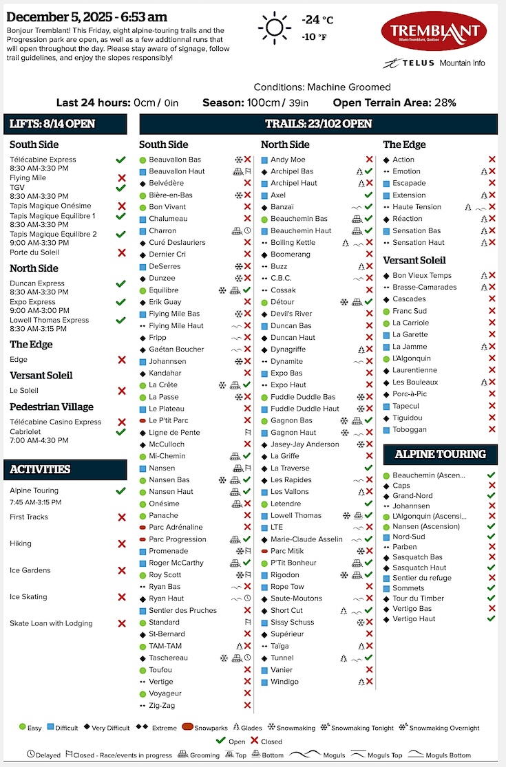 Archival Copy of Official Open<br />Trails, Grooming, Snowmaking, Lift Status and Mountain Conditions Courtesy of Tremblant.ca