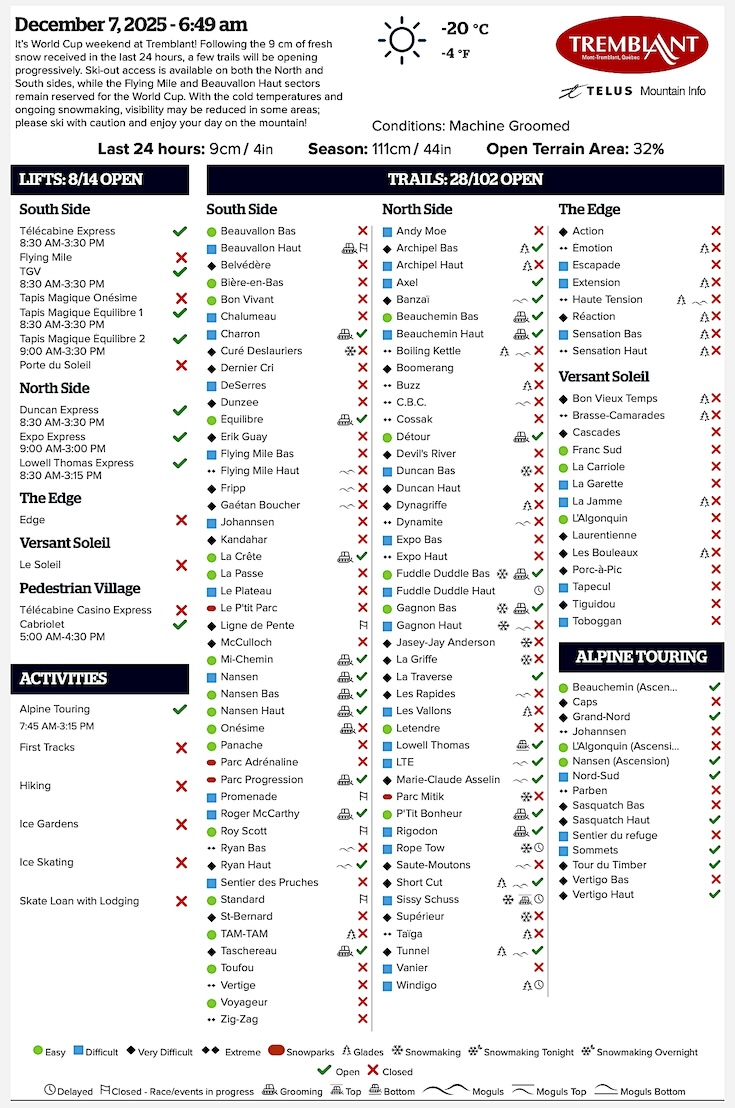 Archival Copy of Official Open<br />Trails, Grooming, Snowmaking, Lift Status and Mountain Conditions Courtesy of Tremblant.ca
