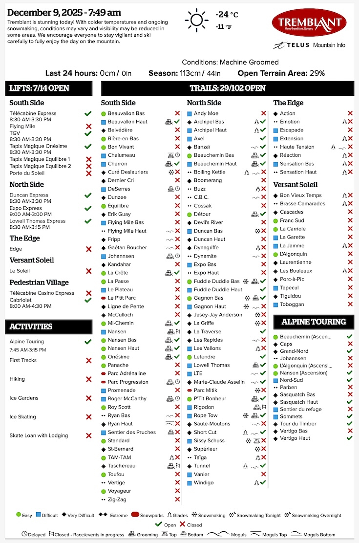 Archival Copy of Official Open<br />Trails, Grooming, Snowmaking, Lift Status and Mountain Conditions Courtesy of Tremblant.ca