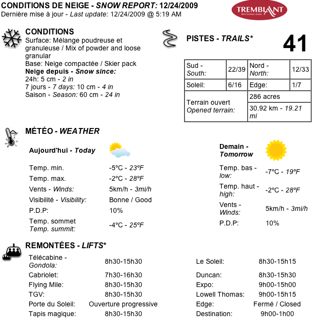 Copy of Official Printable Snow Report Courtesy of www.tremblant.ca