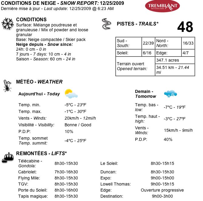Copy of Official Printable Snow Report from www.tremblant.ca