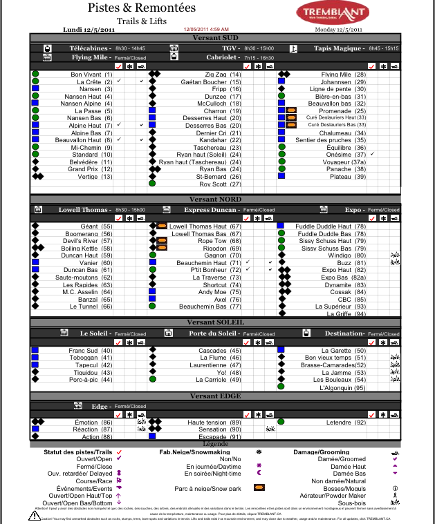 Screenshot of Downloadable PDF Official Trail and Grooming status, Courtesy of www.tremblant.ca
