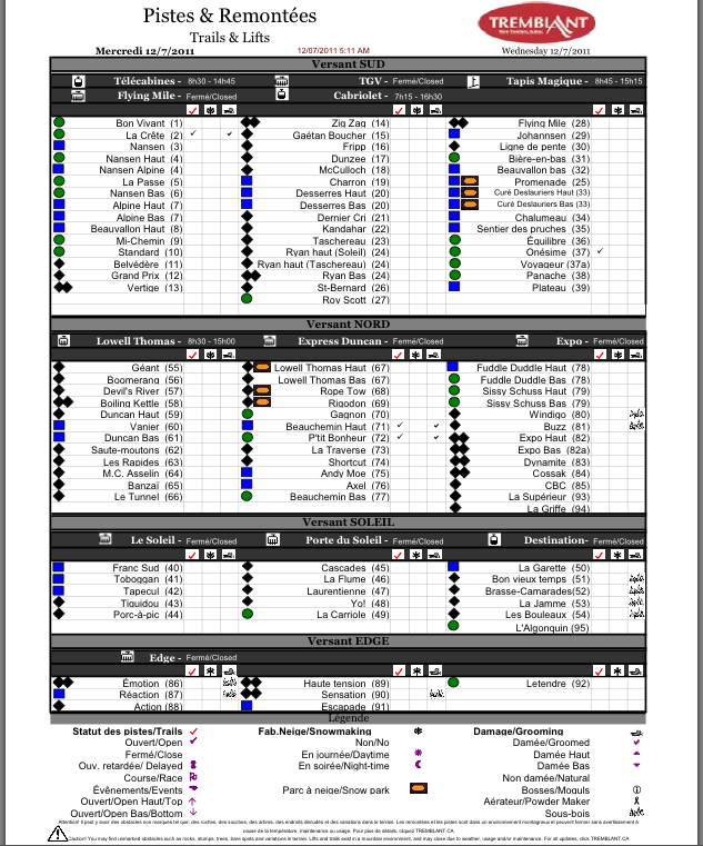 Screenshot of Official, Downloadable PDF Trail and Grooming status report, courtesy of www.tremblant.ca