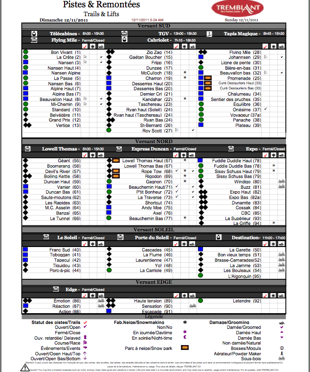Screenshot of Official, Downloadable PDF, Trail and Grooming status report, Courtesy of www.tremblant.ca