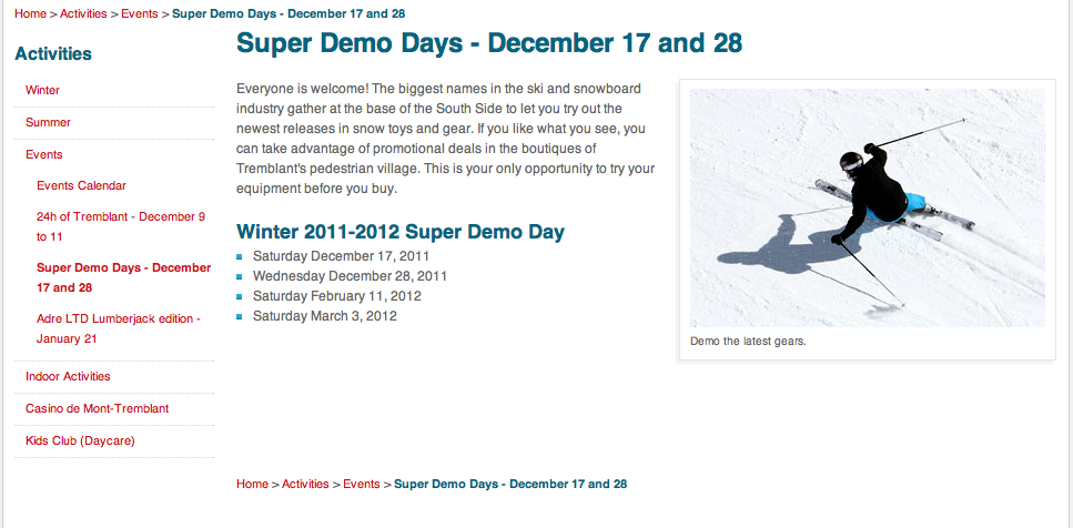 Screenshot of Super Demo Day page Courtesy of www.tremblant.ca