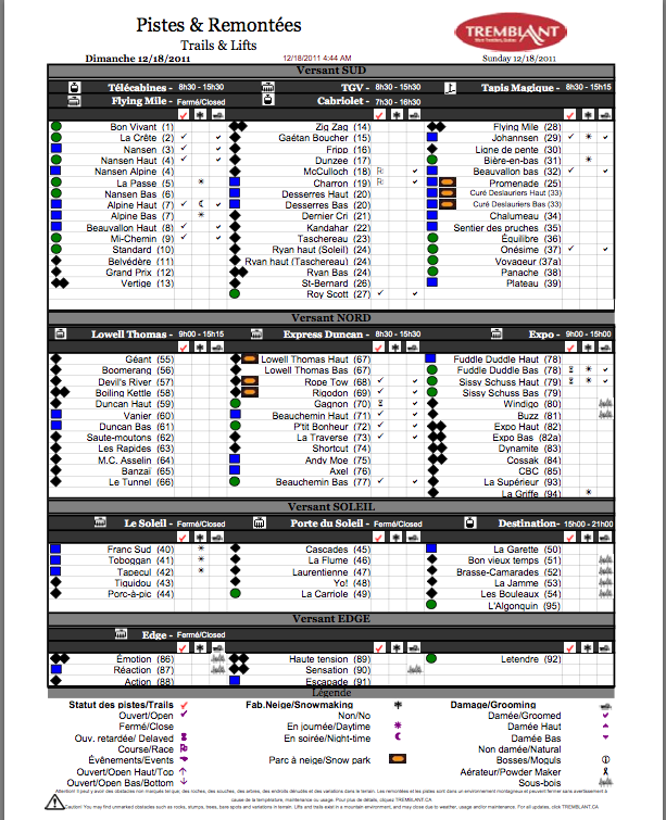 Screenshot of the Official, Downloadable PDF<br />Trail and Grooming status report, courtesy of<br />Tremlant.ca