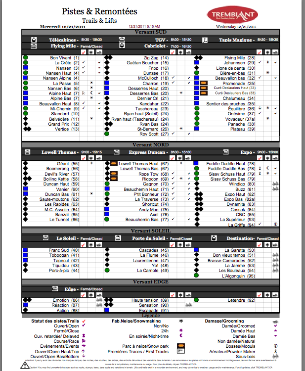 Screenshot of Official, Downloadable PDF, Trail and Grooming status report, Courtesy of www.tremblant.ca