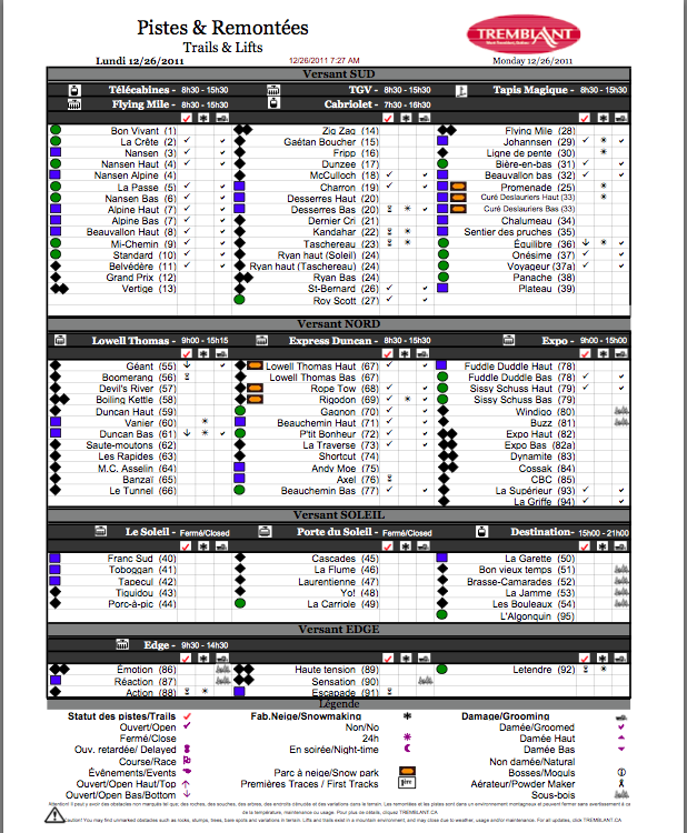Screenshot of Official, Downloadable PDF, Trail and Grooming status report, Courtesy of www.tremblant.ca