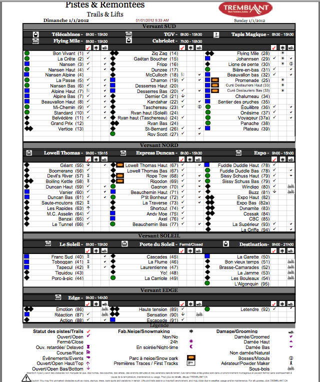 Screenshot of Official, Downloadable, PDF, Trail and Grooming status report, Courtesy of www.tremblant.ca
