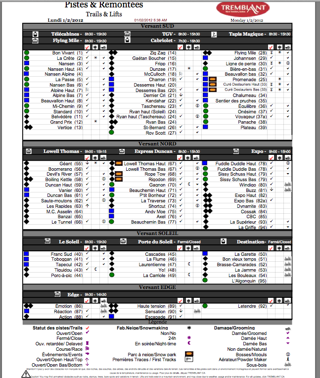 Screenshot of Official, Downloadable PDF, Trail and Grooming status report, Courtesy of www.tremblant.ca