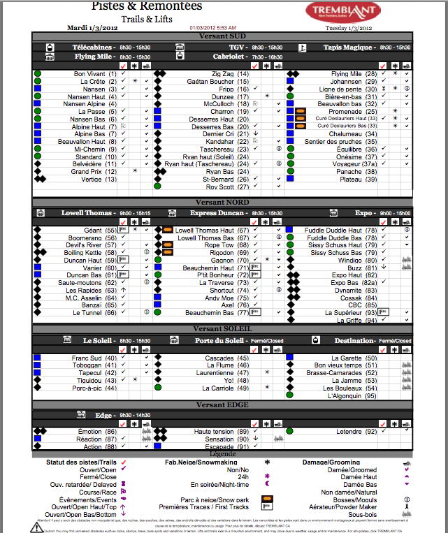 Screenshot of Official, Downloadable, PDF, Trail and Grooming status report, courtesy of www.tremblant.ca