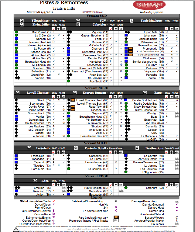 Screenshot of Official, Downloadable, PDF, Trail and Grooming status report, Courtesy of www.tremblant.ca