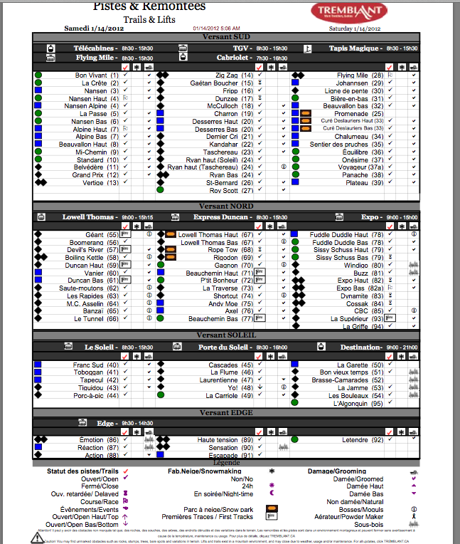 Screenshot of the Official, Downloadable, PDF,<br />Trail and Grooming status report,<br />Courtesy of Tremblant.ca