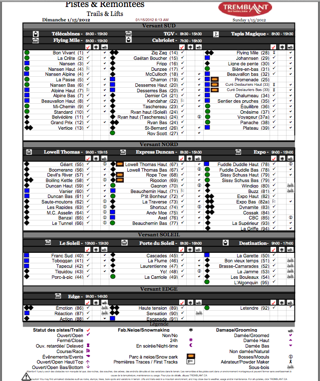 Screenshot of the Official, Downloadable<br />PDF, Trail and Grooming status report,<br />Courtesy of Tremblant.ca