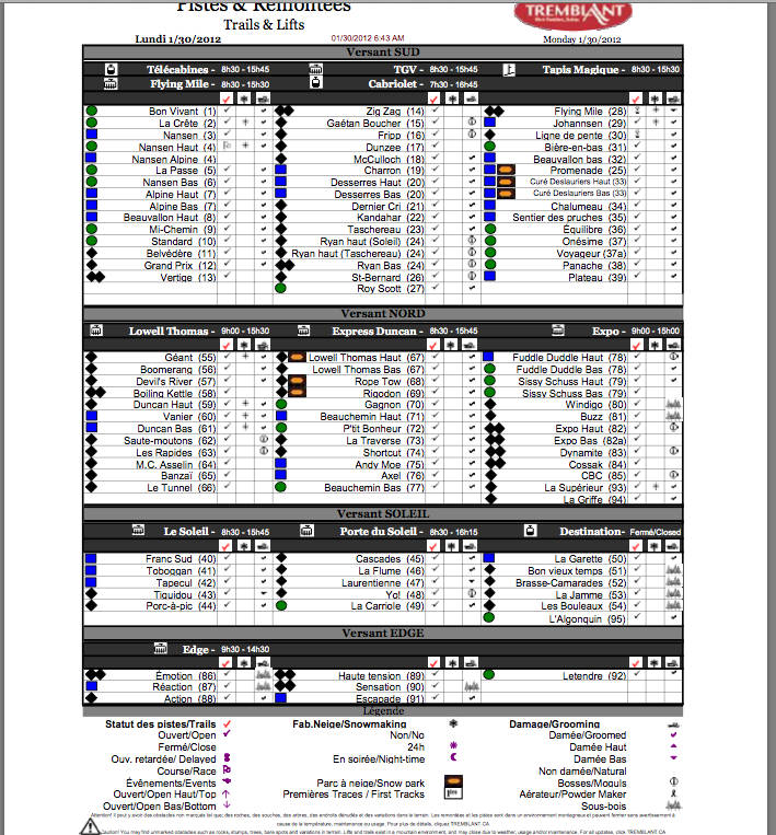 Screenshot of the Official, Downloadable,<br />PDF, Trail and Grooming status report,<br />Courtesy of Tremblant.ca