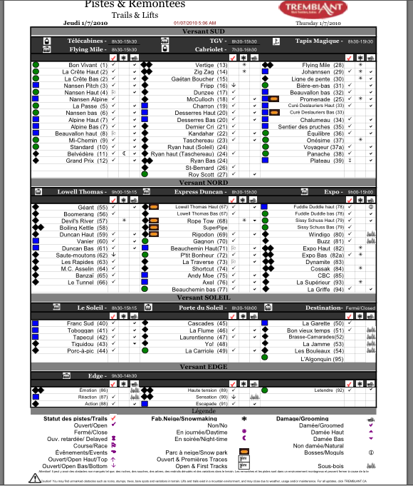 COPY OF OFFICIAL PRINTABLE GROOMING AND TRAIL STATUS REPORT COURTESY OF www.tremblant.ca