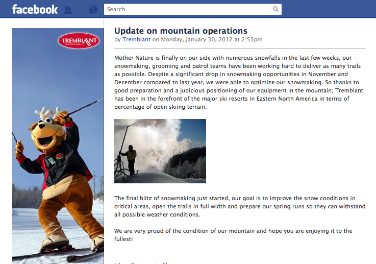 Screenshot of Tremblant Mountain Operations Summary, Courtesy of Tremblant.ca/FB page