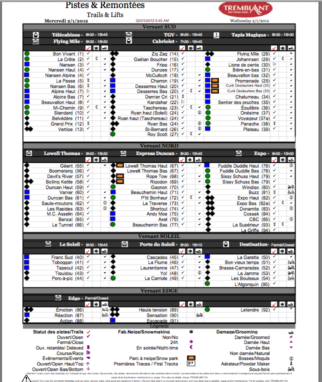 Screenshot of the Official, Downloadable,<br />PDF, Trail and Grooming report, <br />Courtesy of Tremblant.ca