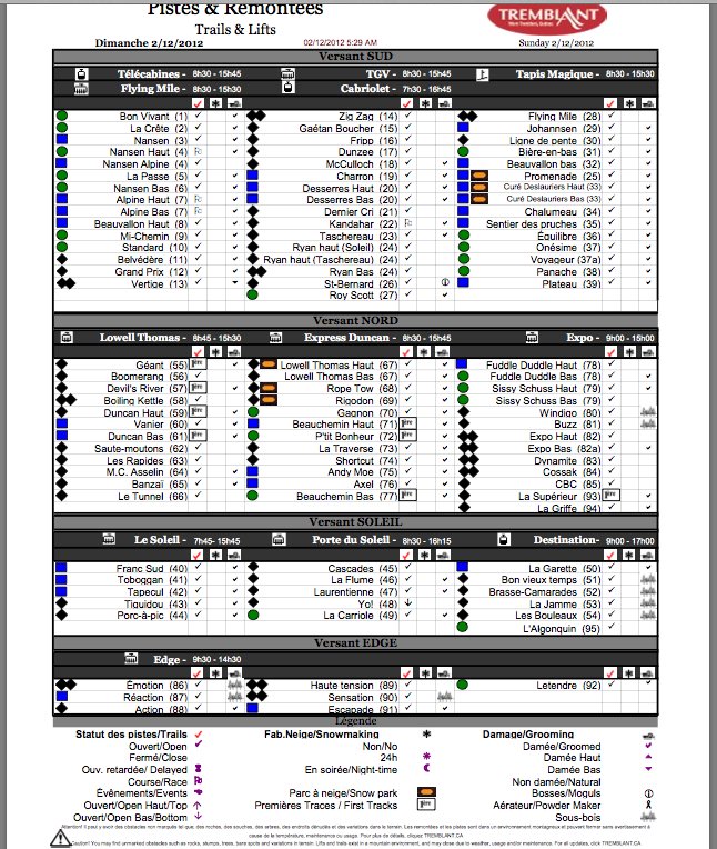 Screenshot of the Official, Downloadable,<br />PDF, Trail and Grooming status report,<br />Courtesy of Tremblant.ca