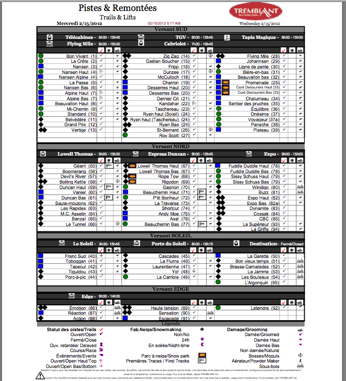 Screenshot of the Official, Downloadable,<br />PDF, Trail and Grooming status report,<br />Courtesy of Tremblant.ca