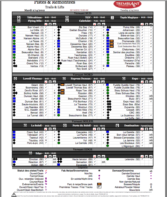 Screenshot of the Official, Downloadable,<br />PDF, Trail and Grooming status report,<br />Courtesy of Tremblant.ca