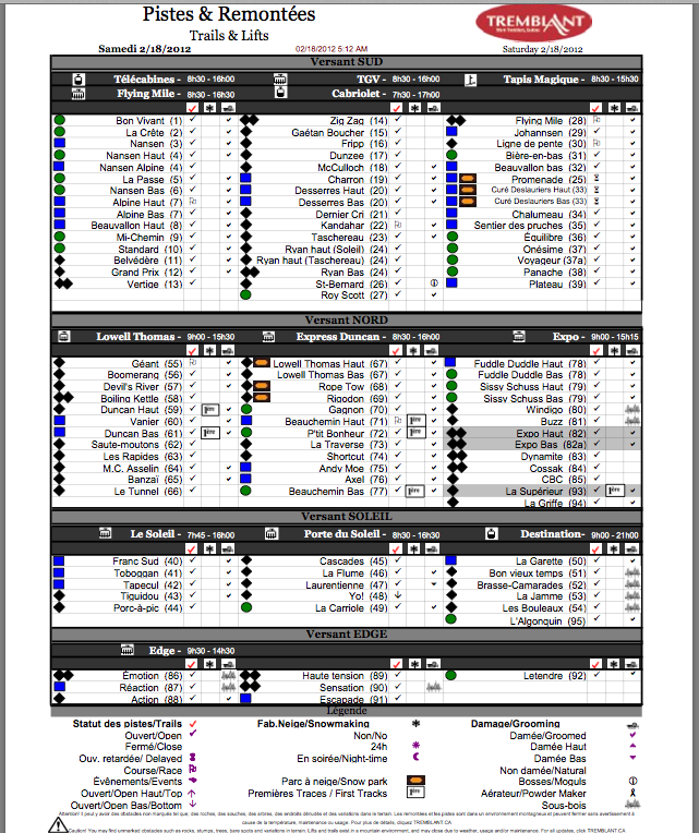 Screenshot of the Official, Downloadable,<br />PDF, Trail and Grooming status report,<br />Courtesy of Tremblant.ca