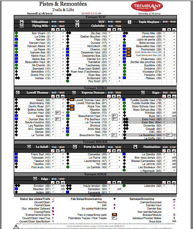 Screenshot of the Official, Downloadable,<br />PDF, Trail and Grooming status report,<br />Courtesy of Tremblant.ca