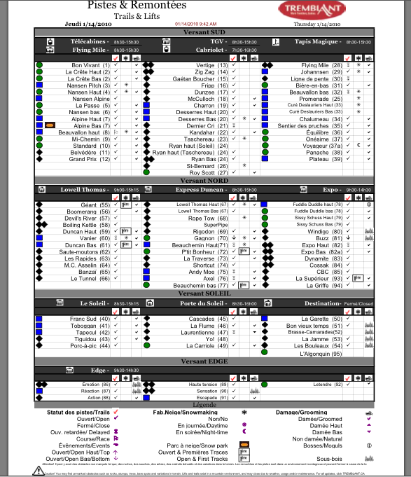 The 3 &quot;Tick&quot; columns after each Trail name indicate Open, Snow Making and Grooming status.
